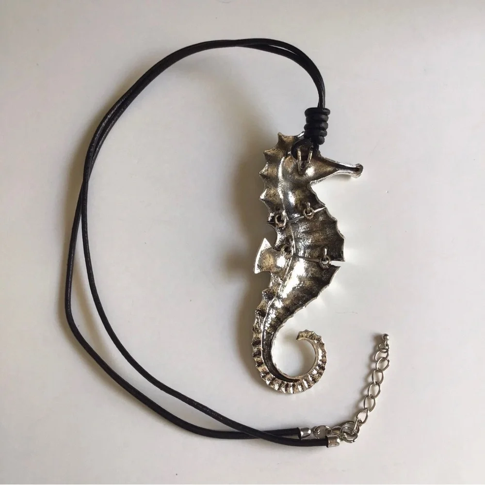 Seahorse Statement Necklace Black Cord Rhinestone Eye Reticulated Florida Beach